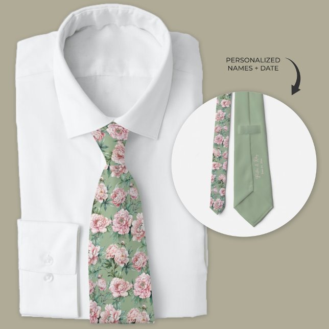 Trauzeugen von Sage Green und Pink Peony Floral Krawatte (Personalized wedding necktie, sage green and pink peonies.)