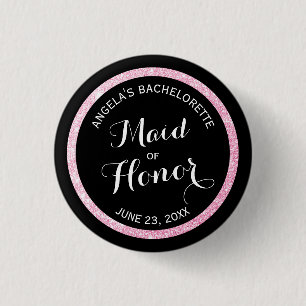 Trauzeugin Bachelorette, Schwarz-Rosa Glitzer Button