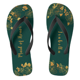 Trauzeugin Emerald Green & Gold Foliage Flip Flops