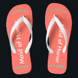 Trauzeugin Flip Flops<br><div class="desc">Helle Strandkoralle mit Trauzeugin in weißem Text und Name und Datum der Hochzeit in türkisblau geschrieben. Hübsches Strandziel Flip Flops als Teil der Hochzeitsfeier Gefallen. Originale Entwürfe von TamiraZDesign.</div>