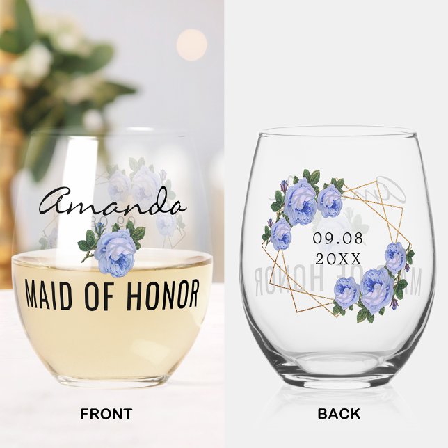 Trauzeugin Gold Glitzer Geo Blue Floral Wedding Weinglas Ohne Stiel (Maid of Honor Gold Glitter Geo Blue Floral Wedding Stemless Wine Glass)