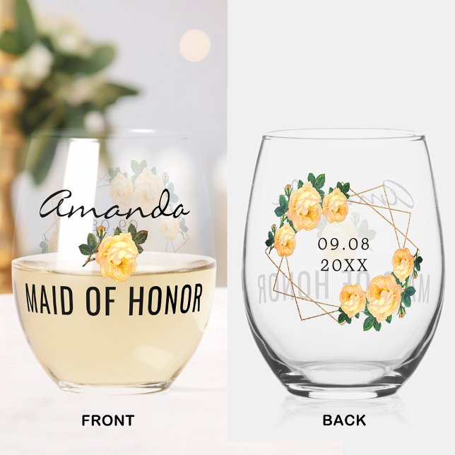 Trauzeugin Gold Glitzer Geo Orange Floral Wed Weinglas Ohne Stiel (Maid of Honor Gold Glitter Geo Blue Floral Wedding Stemless Wine Glass)