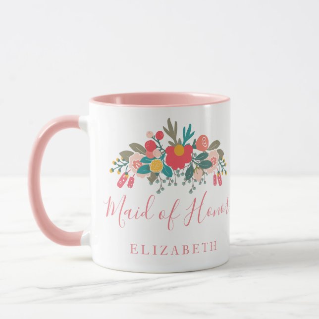 Trauzeugin mit Name Pink Floral Bouquet Tasse (Links)