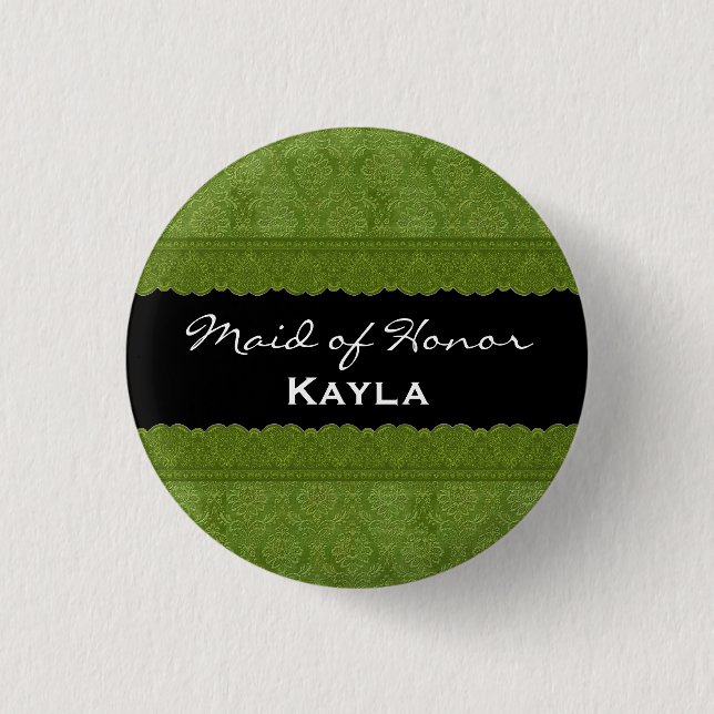 Trauzeugin-olivgrüner schwarzer Damast und Spitze Button (Vorderseite)