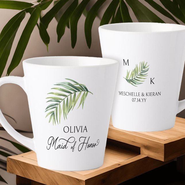 Trauzeugin Palm Leaf Brautparty Milchtasse (Maid of Honor latte mug with tropical palm leaf and calligraphy)