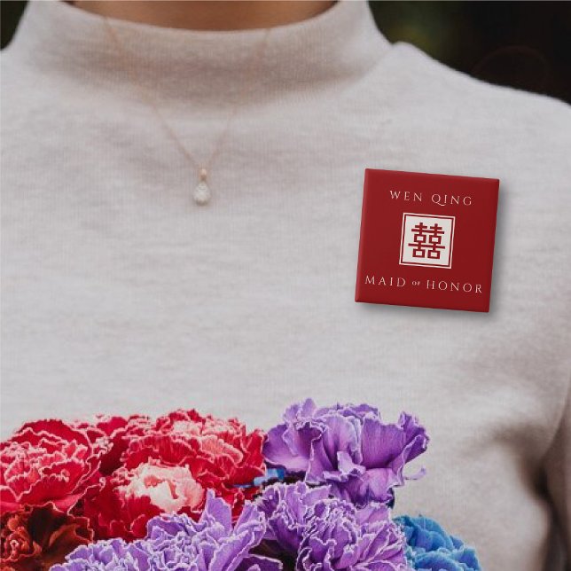 Trauzeugin Red Square Doppelfröhlichkeit Hochzeit Button (MAID OF HONOR Red/Ivory White Classic Square Double Happiness Wedding Button @ fatfatin_red_knot)