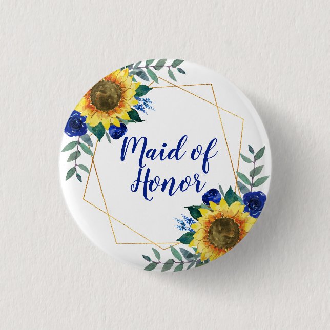 Trauzeugin Sonnenblume Geometric Blue Floral Button (Vorderseite)