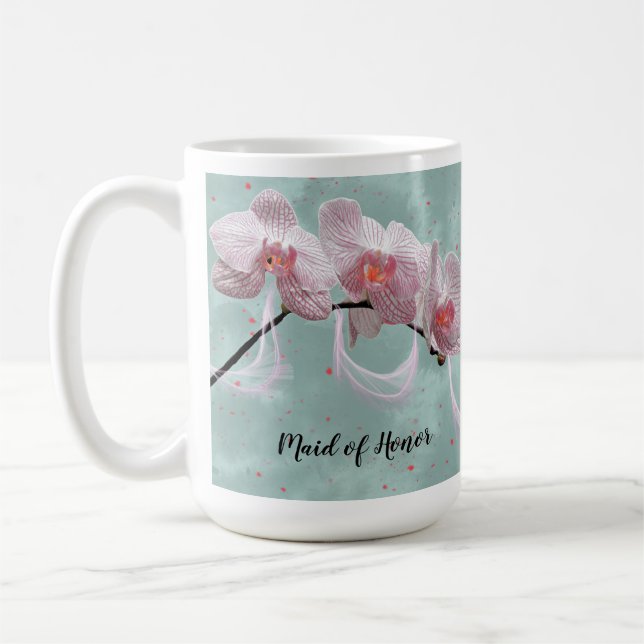 Trauzeugin Tasse Rosa Orchideen Grüner Hintergrund (Links)