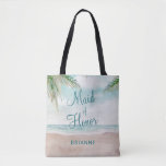 Trauzeugin von Island Breeze Painted Beach Scene<br><div class="desc">Insel Breeze Painted Beach Szene,  mit Ocean Waves,  Sandy Beach und Palmen,  mit einem schönen aquamarinen blauen Himmel. Mit modernen Typografie-Script-Schriftart. Ein Sommer tropischer Strand oder Hochzeit in Urlaubsort Design - Personalisierte Trauzeugin Tragetaschen! ~ Karo mein Shop zu sehen,  die gesamte Hochzeitssuite für dieses Design!</div>