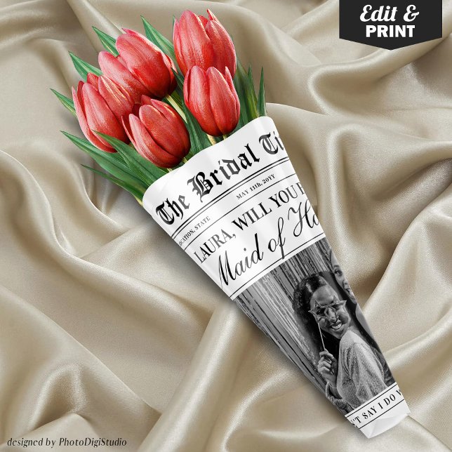 Trauzeugin Vorschlag Zeitung Blume Bouquet Geschenkpapier Set (Editable Maid of Honor Proposal Newspaper Flower Bouquet Wrapping Paper Sheets)