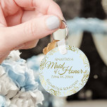 Trauzeugin Wedding Gift Gold Frills & Pale Blue Schlüsselanhänger<br><div class="desc">Diese Schlüsselanhänger sind so konzipiert, dass sie der Trauzeugin in Ihrer Hochzeitsfeier einen Vorzug geben. Sie zeichnen sich durch ein schlichtes und dennoch elegantes Design aus, das mit einem hellen, pulverblauen Hintergrund, Goldtext und einem zartem goldenen Imitat mit blühenden Bändern versehen ist. Der Text lautet "Trauzeugin" mit Platz für ihren...</div>