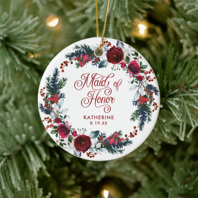 Trauzeugin Weihnachten Blumenreath Personalisiert Keramik Ornament (Baum)