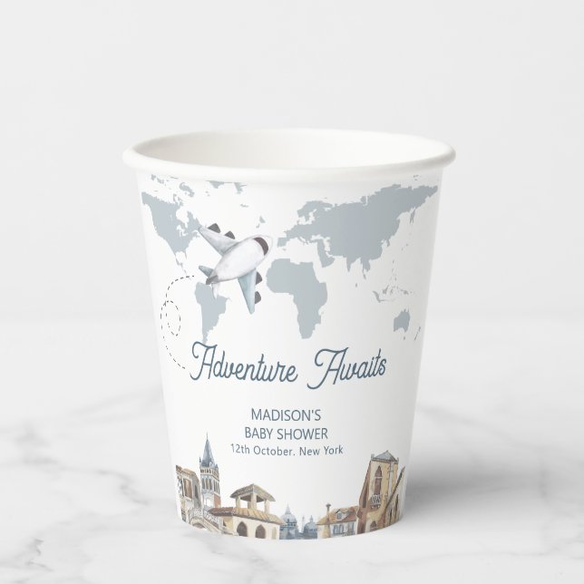 Travel Adventure World Map Airplane Baby Shower  Pappbecher (Vorderseite)