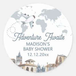 Travel Adventure World Map Airplane Baby Shower Runder Aufkleber