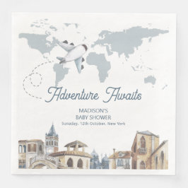 Travel Adventure World Map Airplane Baby Shower Serviette