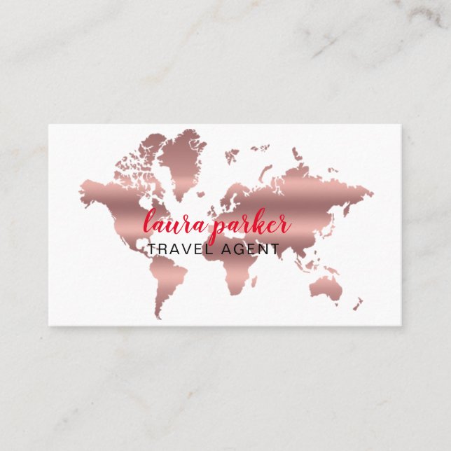 Travel Agent Faux Rose Gold World Map Destination Visitenkarte (Vorderseite)