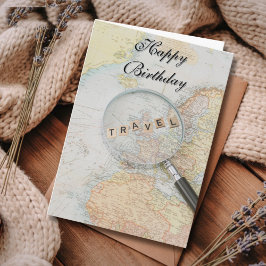 Travel Birthday Vintage Map Magnifying Glass Fun Karte
