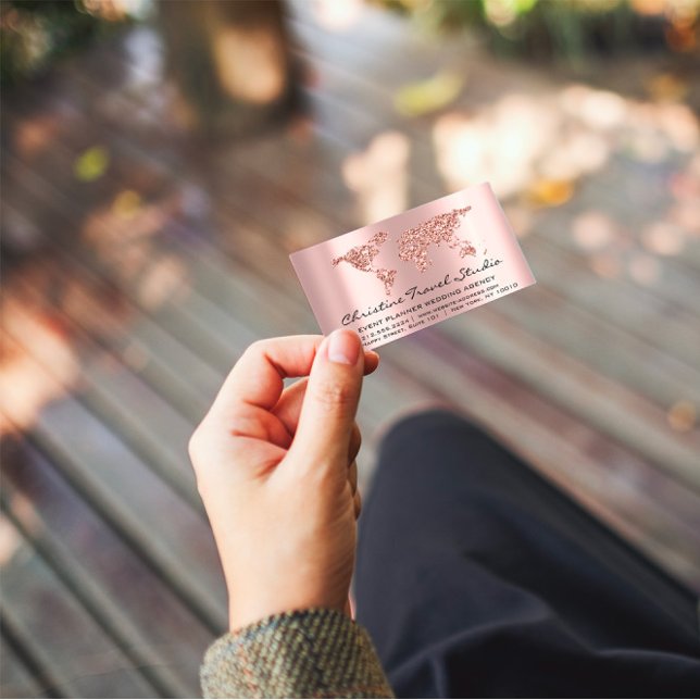 Travel Blogger Agency Earth Globe Rose Glitzer Visitenkarte (Von Creator hochgeladen)