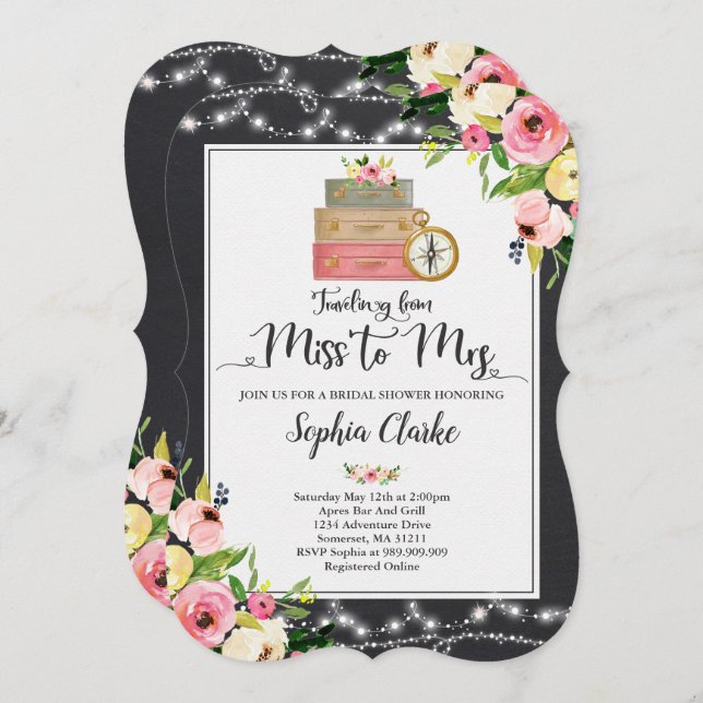 Travel Bridal Shower Einladung Miss an Frau Floral (Vorne/Hinten)