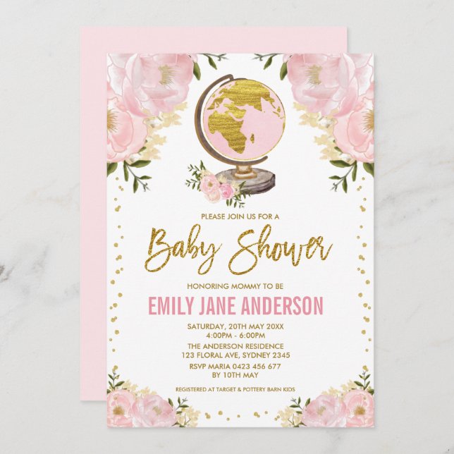 Travel Girl Baby Dusche Pink Gold Floral Adventure Einladung (Vorne/Hinten)