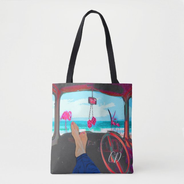 Travel Monogram Beach Scene Flamingos (Vorderseite)