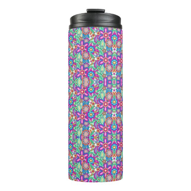 Travel mug with vibrant, kaleidoscopic pattern. thermosbecher (Vorderseite)