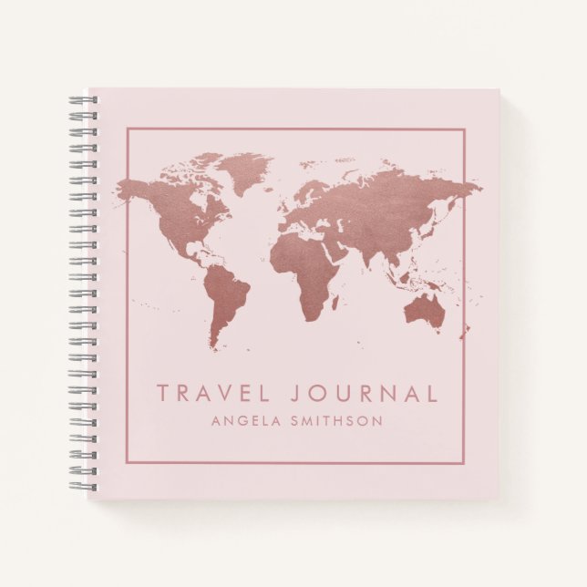 Travel Notebook Journal Rose Gold Pink World Map Notizbuch (Vorderseite)