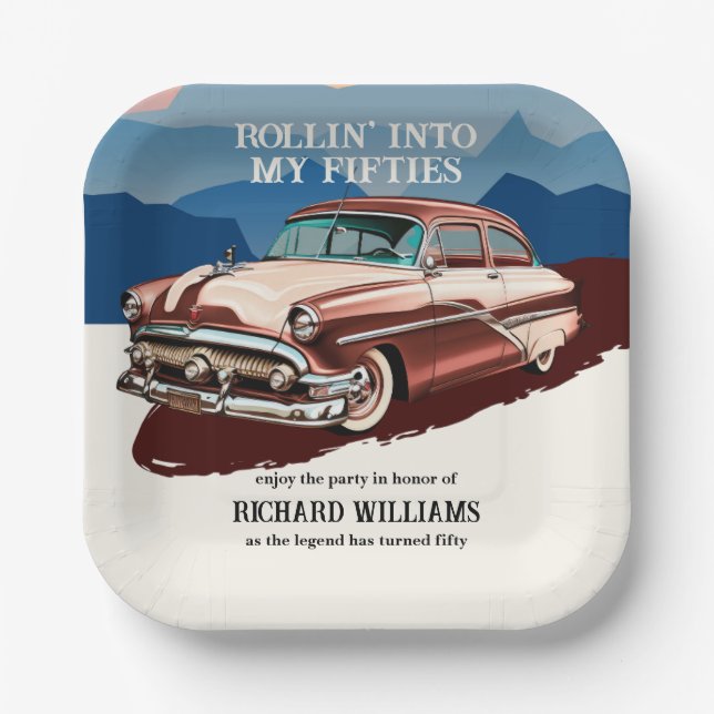 Travel Retro Classic Car Theme 50th Birthday Pappteller (Vorderseite)