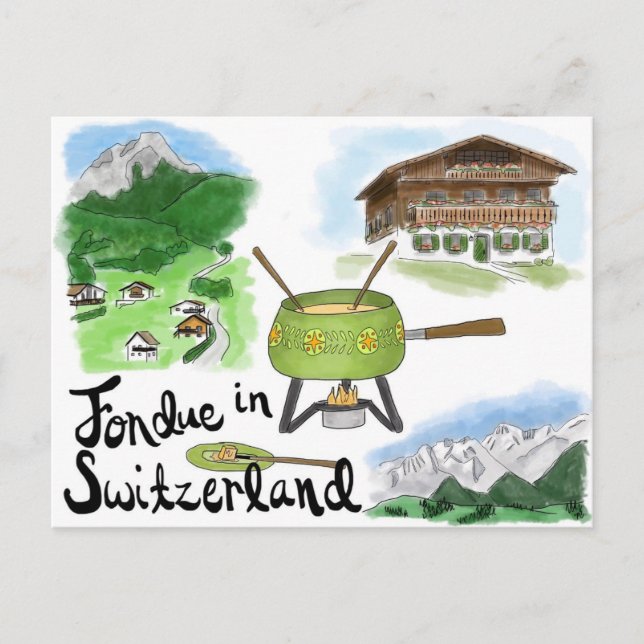 Travel Sketch Postcard: Fondue in Switzerland Postkarte (Vorderseite)