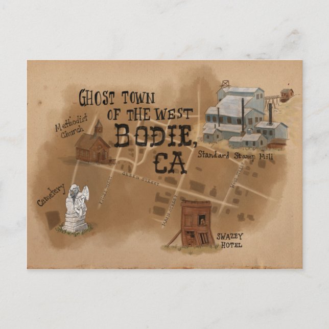 Travel Sketch Postcard: Ghost Town of Bodie CA Postkarte (Vorderseite)