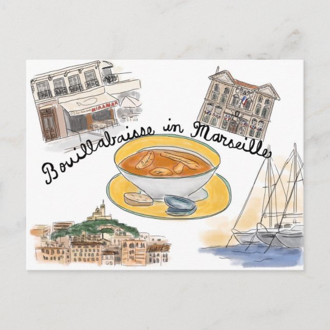 Travel Sketch Postkarte: Bouillabaisse in Marseill Postkarte (Vorderseite)