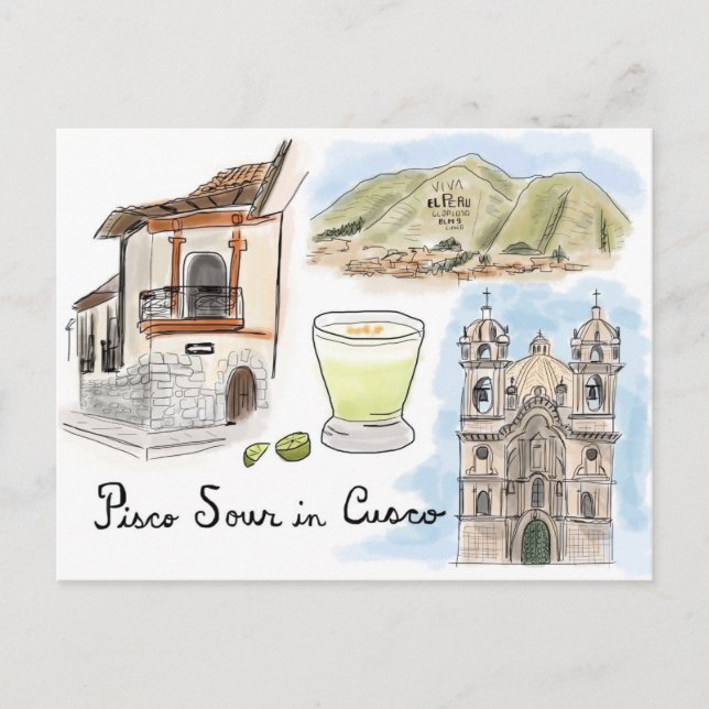 Travel Sketch Postkarte: Pisco Sour in Cusco, Peru Postkarte (Vorderseite)