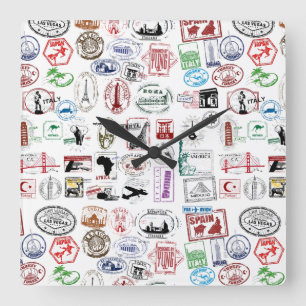 Travel Stamps Pattern Quadratische Wanduhr