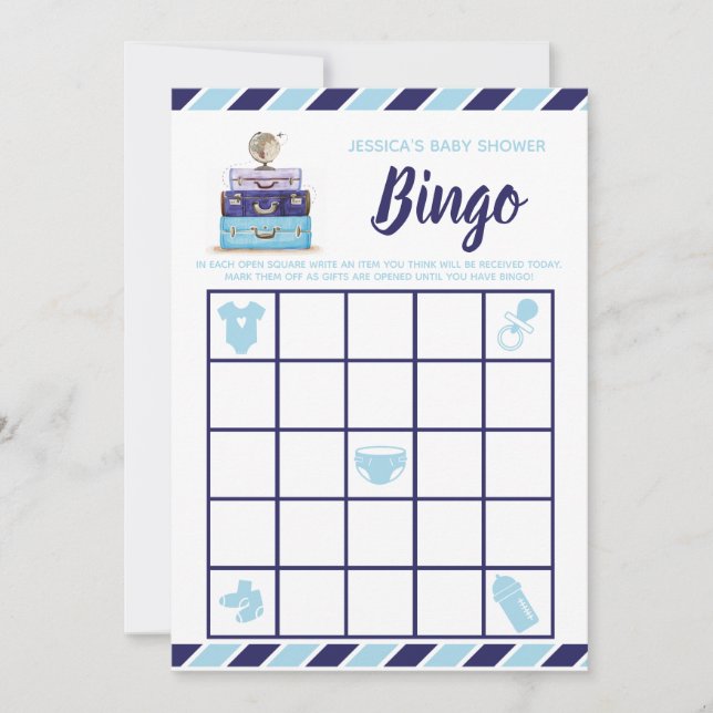 Travel Theme Blue Baby Dusche Bingo Spiel Einladung (Vorderseite)
