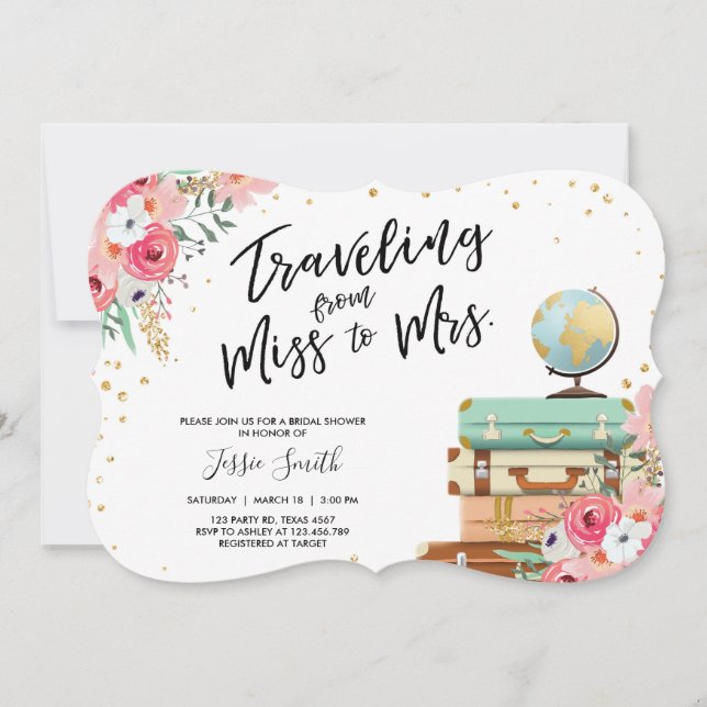 Travel themed Bridal Dusche Einladung Miss zu Frau (Vorderseite)