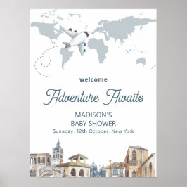 Travel World Map Airplane Baby Shower Welcome Poster