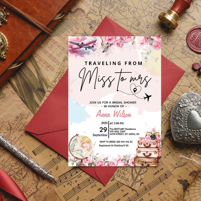 Traveling From Miss to Mrs Bridal Shower Floral  Einladung (traveling from miss to mrs bridal shower invitations love is a journey watercolor world map around )