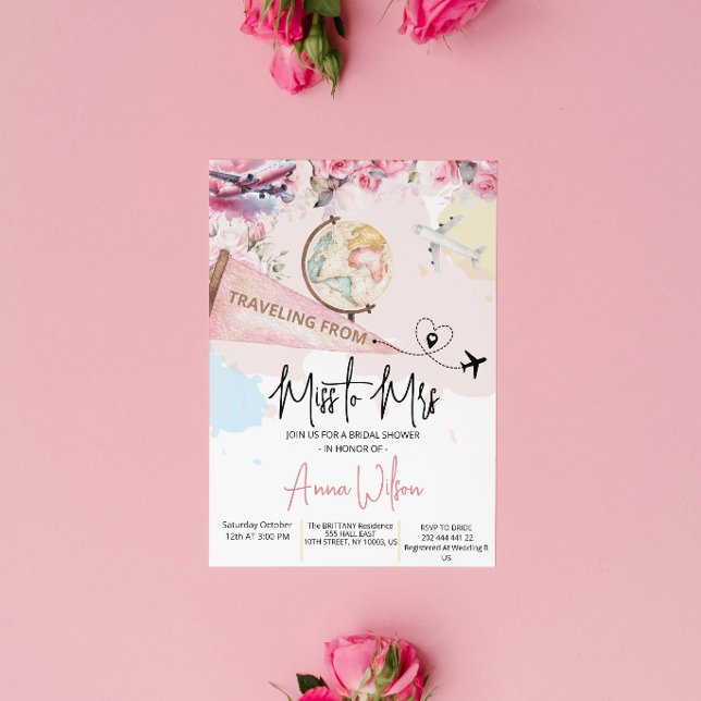 Traveling From Miss to Mrs Bridal Shower Floral  Einladung (traveling from miss to mrs bridal shower invitations vintage adventure destination love is a journey)