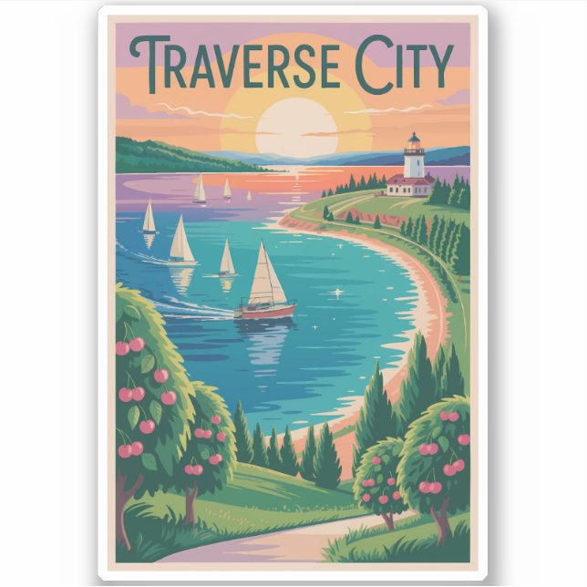 Traverse City Lake Michigan Illustration Aufkleber (Vorderseite)
