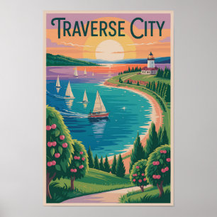 Traverse City Lake Michigan Illustration Poster