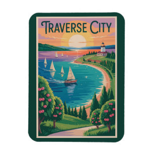 Traverse City Lake Michigan Illustration Reise Magnet