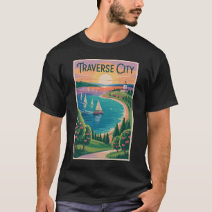 Traverse City Lake Michigan Illustration Reise T-Shirt