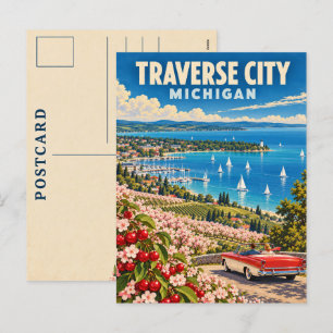 Traverse City Michigan Cherry Coast Vintage Reise Feiertagspostkarte