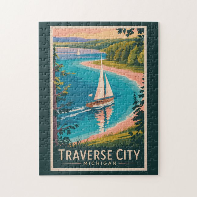 Traverse City Michigan Illustration Kunst und Kult Puzzle (Vertikal)