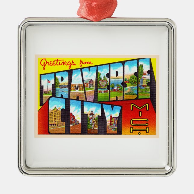 Traverse City Michigan MI Großbuchstabe Postkarte Ornament Aus Metall (Vorne)