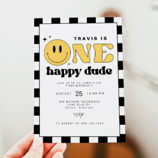 TRAVIS One Happy Typ Smile Face Erster Geburtstag Einladung