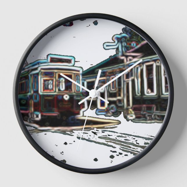 TRC Neon Streetcar auf der schwarzen Holzwall-Uhr Uhr (Vorderseite)