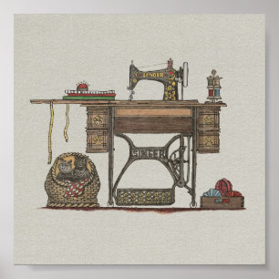Treadle Nähmaschine & Kätzchen Poster