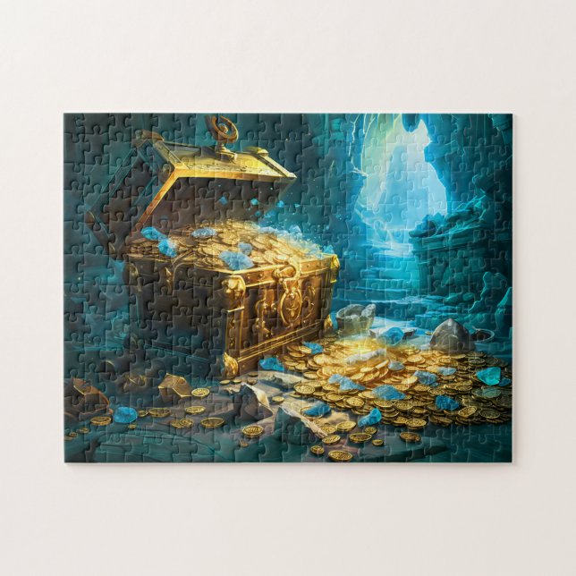 Treasure Chest in Cave Light Fantasy Painting Puzzle (Horizontal)