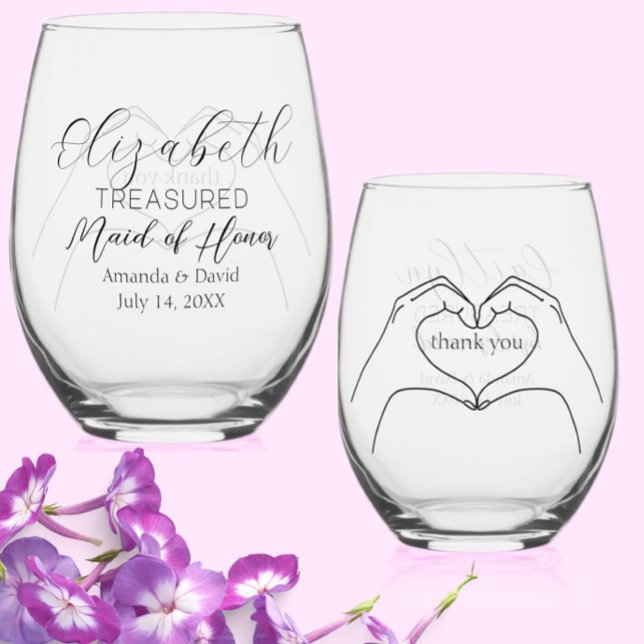 "Treasured Trauzeugin" Geschenk/Custom Heart Hands Weinglas Ohne Stiel (This elegant, modern "Treasured Maid of Honor" stemless wine glass makes a great thank you gift.)